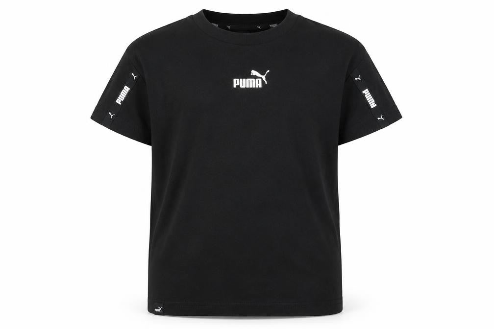 Front view of Puma boys’ black t-shirt, crew neck, logo, size 13-14, years