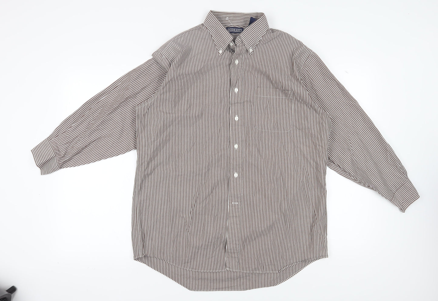 Lands' End Men's Brown Striped Button-Up Shirt