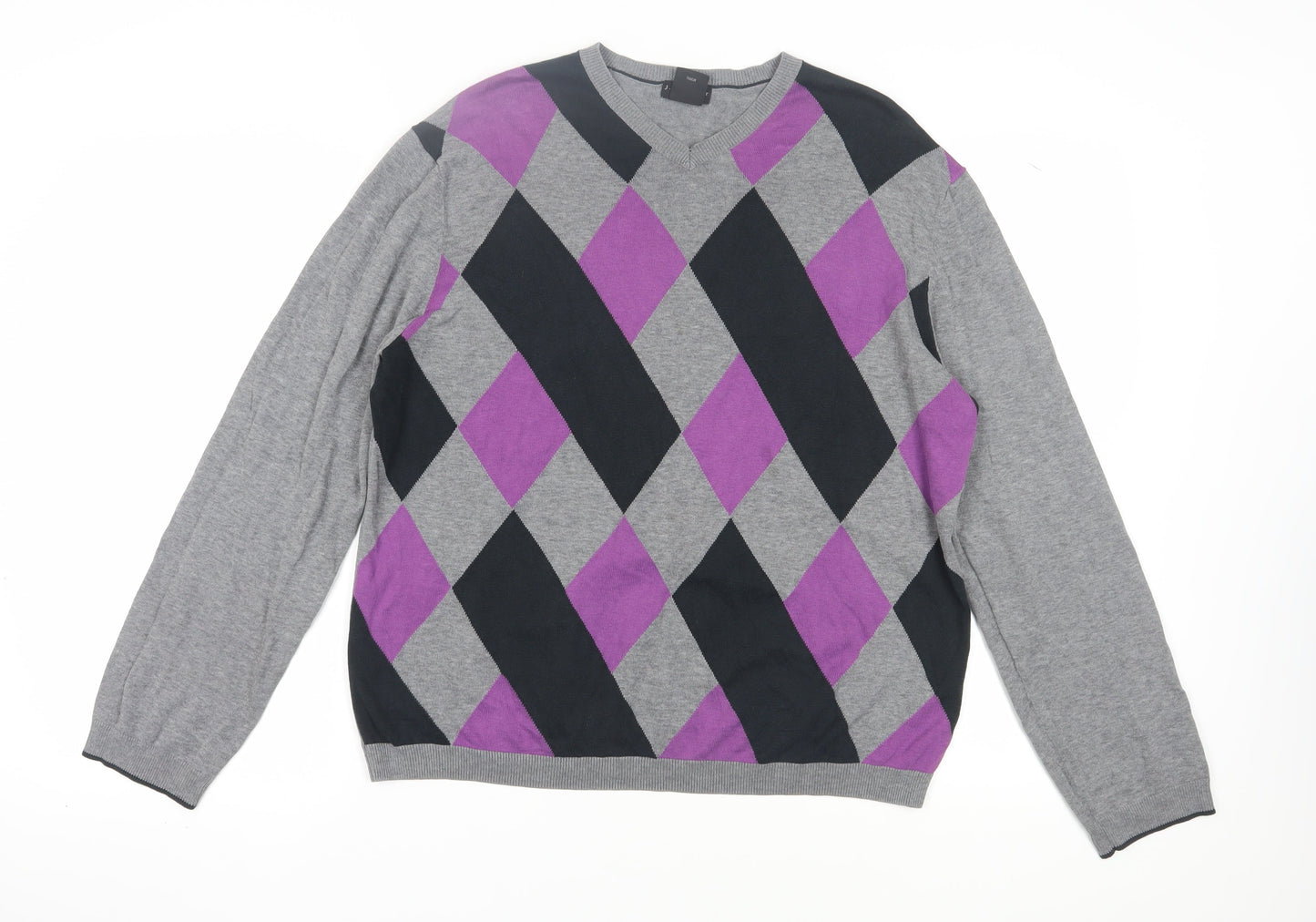 J. Ferrar Men's Grey Argyle Pullover Jumper, Size L