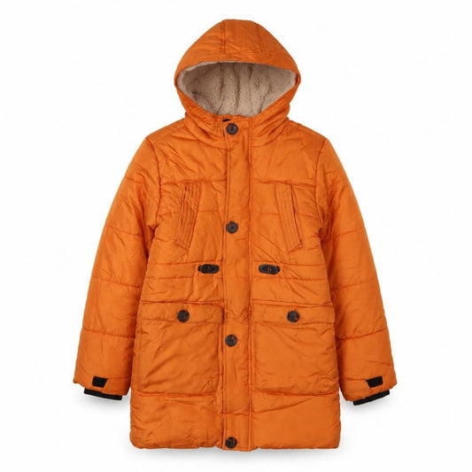 Front view of John Lewis boys’ orange puffer jacket, age 10, winter hooded