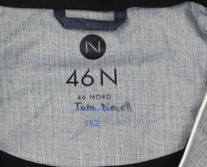 Close-up detail of 46 N boys’ grey puffer jacket with hood, size 15, years