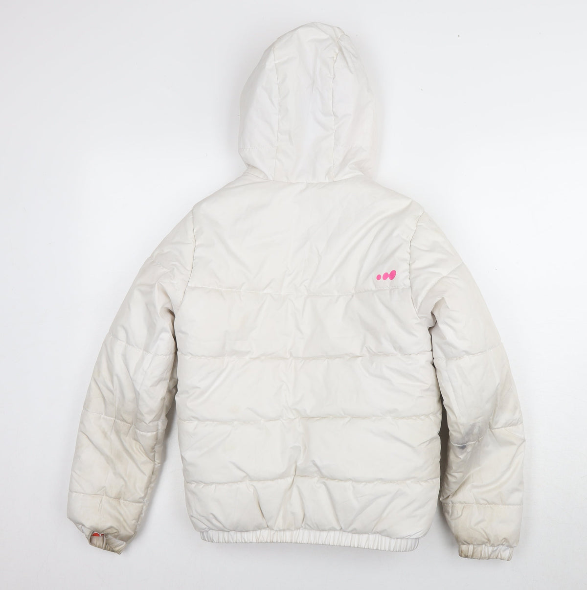Back view of Decathlon girls’ white puffer jacket, 12 years, hooded