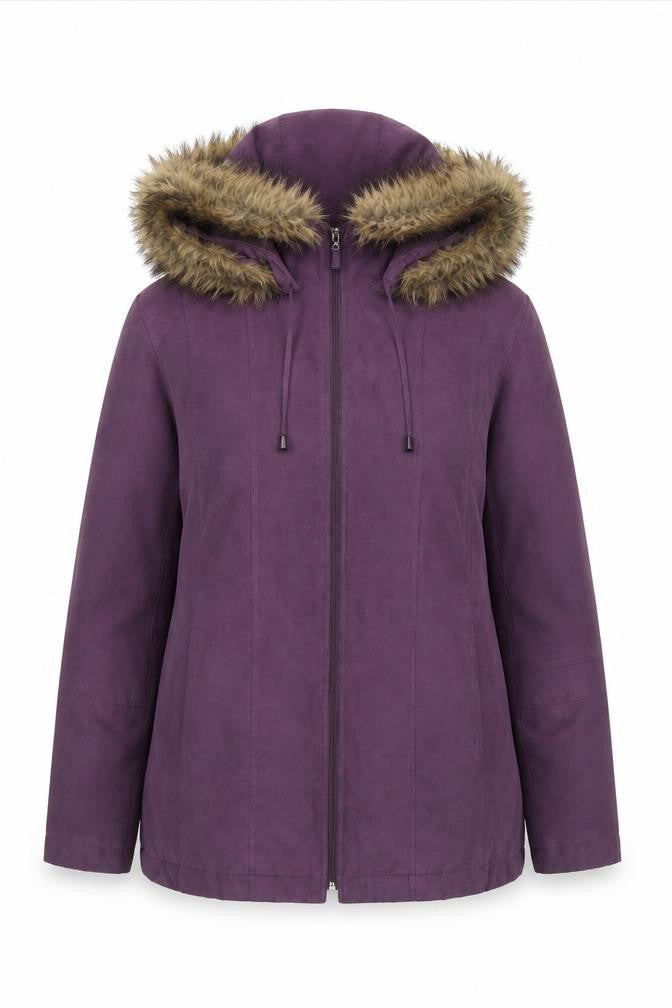 Elegante Women's Purple Hooded Jacket, Size 12, Mid-Length