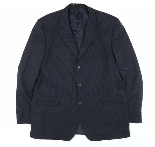 Men's Blue Wool Blend Suit Jacket 46L Striped