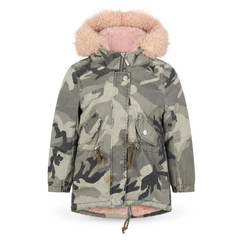 Front view of Attentif girls’ camouflage parka coat green, size 10, years