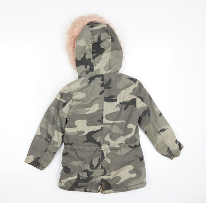 Back view of Attentif girls’ camouflage parka coat green, size 10, years