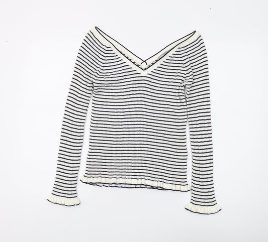 ASOS Women's Black Striped V-Neck Pullover Jumper - Size 10