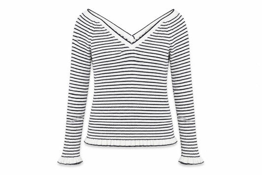 Front view of ASOS Women's Black Striped V-Neck jumper -, size 10