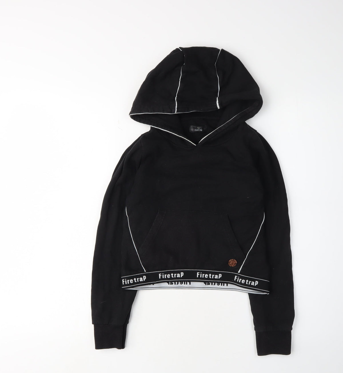 Additional front view of Firetrap girls’ black pullover hoodie 9-10 years with logo accents