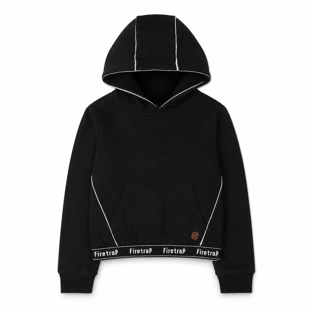 Front view of Firetrap girls’ black pullover hoodie 9-10 years with logo accents