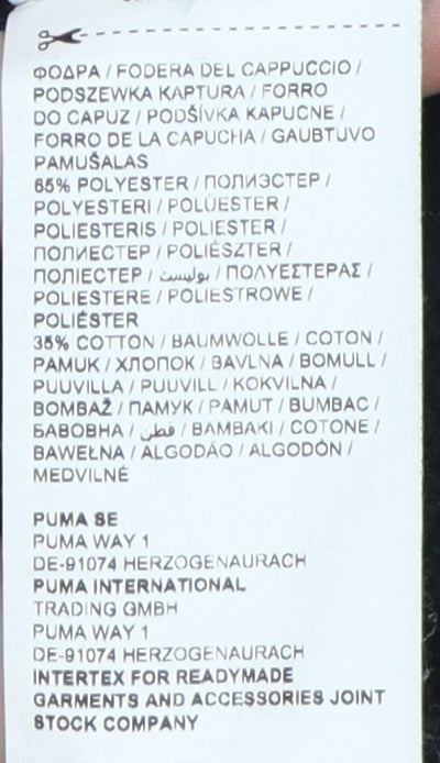 Brand and care label for Puma boys’ black hoodie pullover m casual sportswear