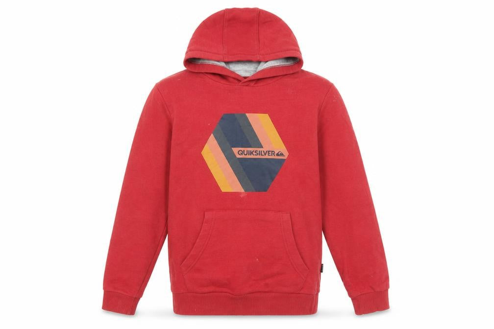 Front view of Quiksilver boys’ red pullover hoodie, graphic print, size 12