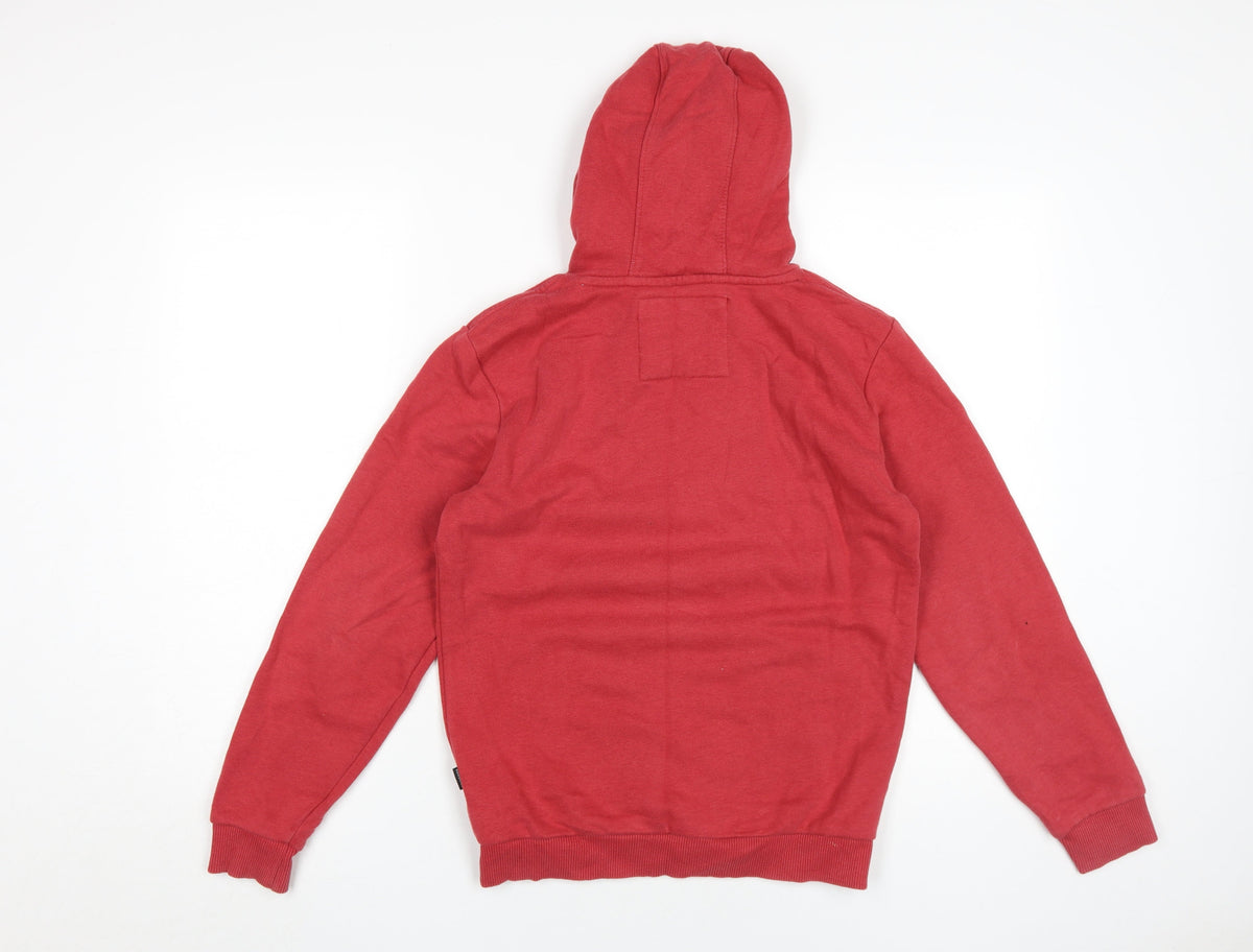 Back view of Quiksilver boys’ red pullover hoodie, graphic print, size 12