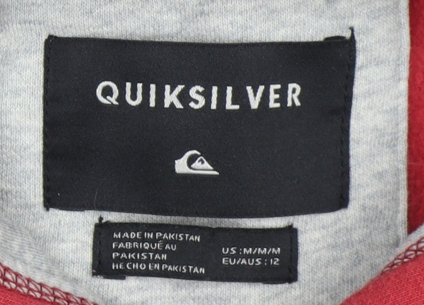 Close-up detail of Quiksilver boys’ red pullover hoodie, graphic print, size 12