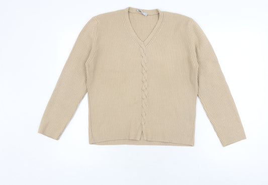 JFW Elegant Beige Womens Cardigan L V-Neck Merino Wool