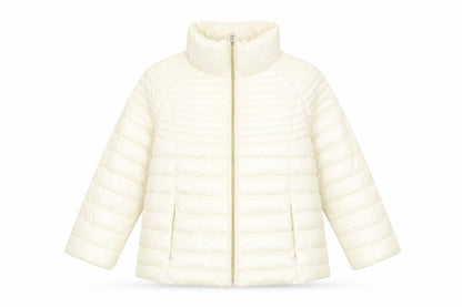 Front view of Guess Women's Ivory Puffer Jacket XS, Full Zip Quilted