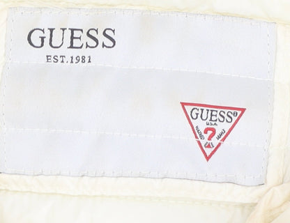 Brand and care label for Guess Women's Ivory Puffer Jacket XS, Full Zip Quilted
