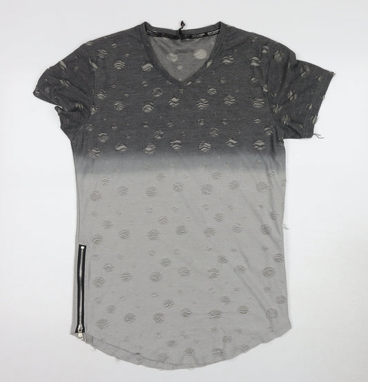 MJ Style Men's Grey Distressed V-Neck Tee M