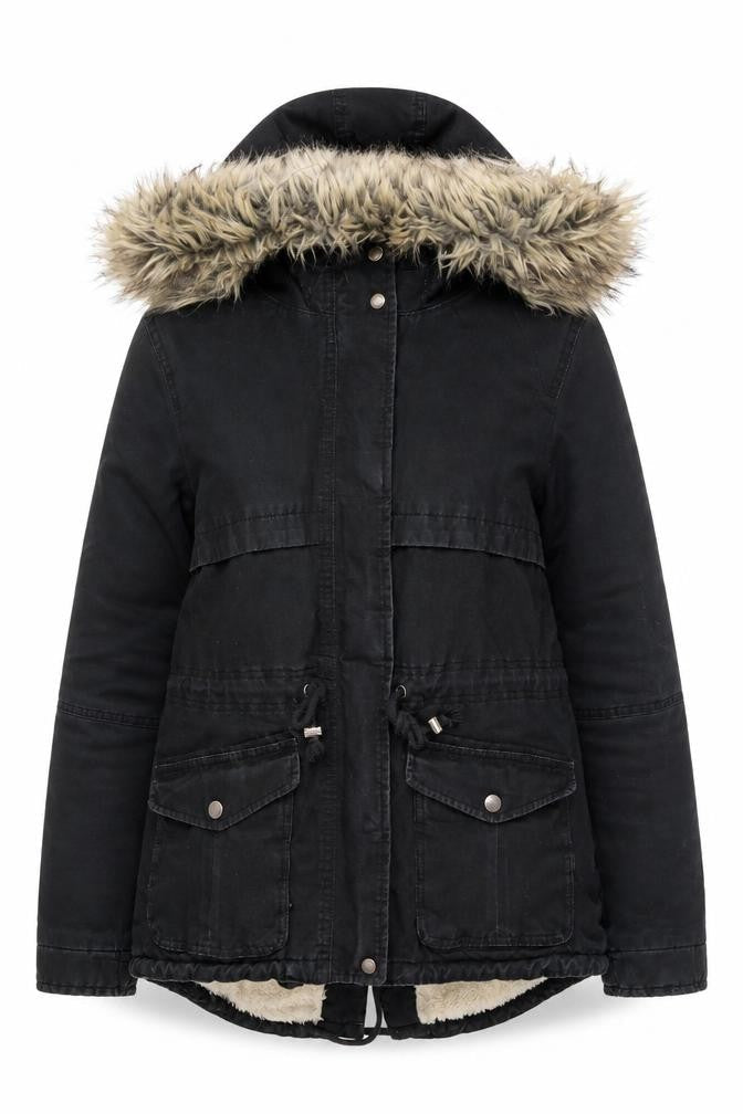 Divided Women's Black Parka Jacket - Size 12, Hooded, Fur Trim