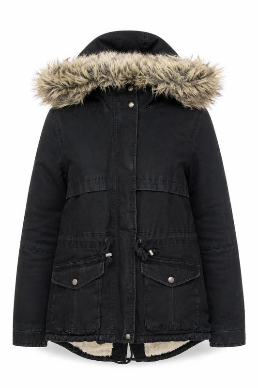Divided Women's Black Parka Jacket - Size 12, Hooded, Fur Trim