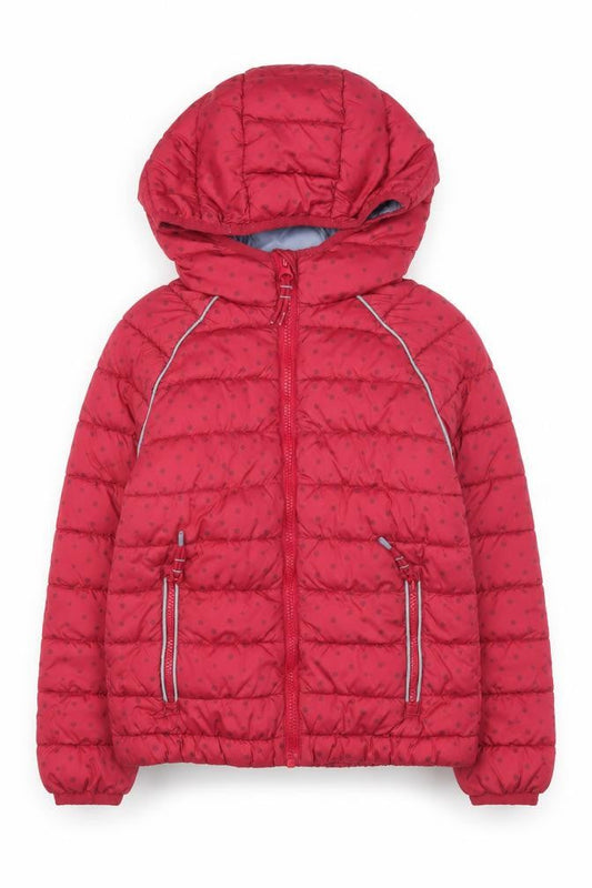 Front view of FatFace girls’ red polka dot puffer jacket 7-8 years