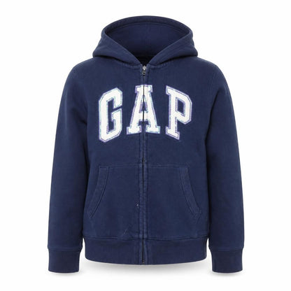Front view of Gap girls’ blue hoodie, size 10, full zip, casual logo
