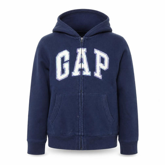 Front view of Gap girls’ blue hoodie, size 10, full zip, casual logo