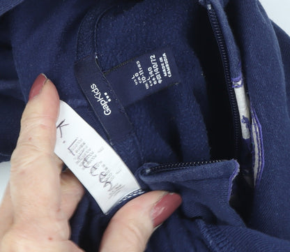Close-up detail of Gap girls’ blue hoodie, size 10, full zip, casual logo