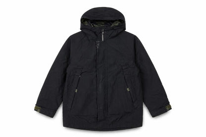Front view of Zara boys’ black parka jacket with hood, size S