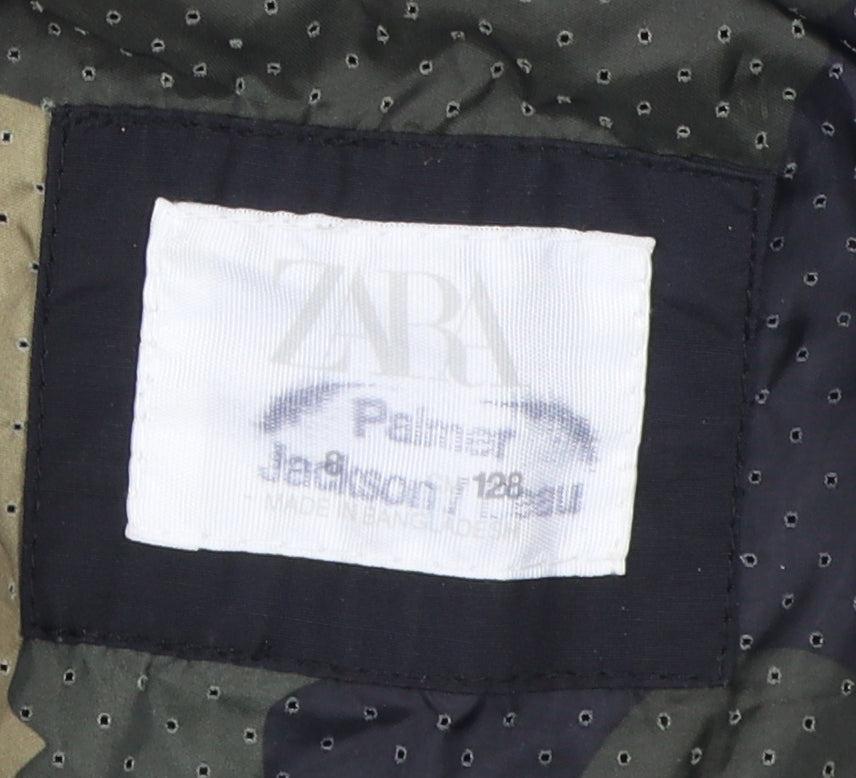 Close-up detail of Zara boys’ black parka jacket with hood, size S