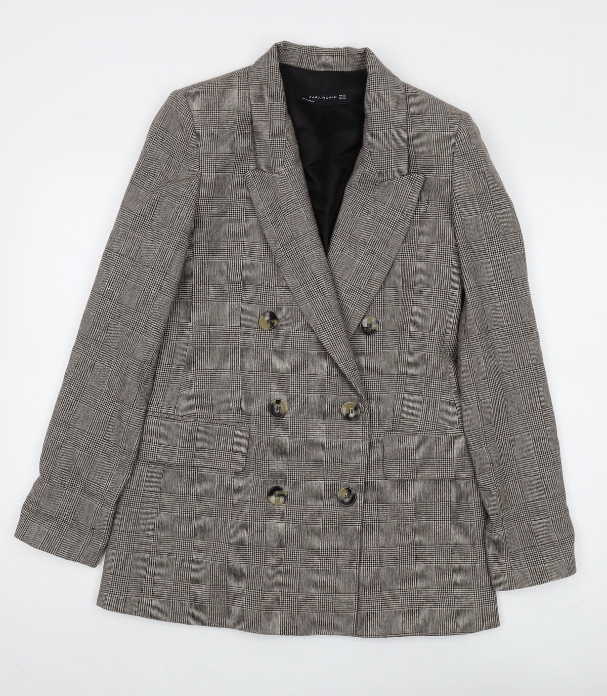 Additional front view of Zara Woman Grey Plaid Blazer, size 4, Double-Breasted