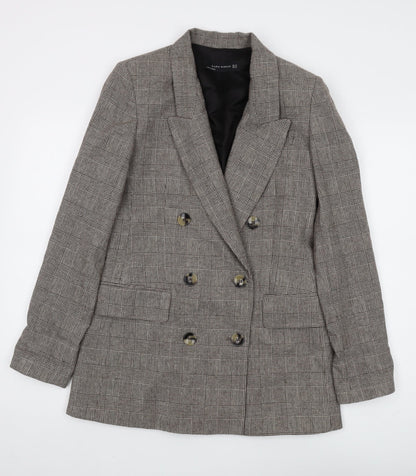 Additional front view of Zara Woman Grey Plaid Blazer, size 4, Double-Breasted