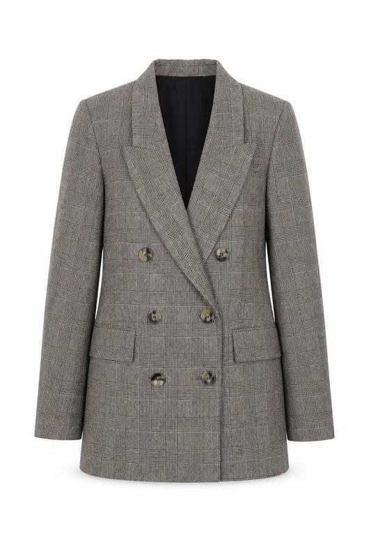 Front view of Zara Woman Grey Plaid Blazer, size 4, Double-Breasted
