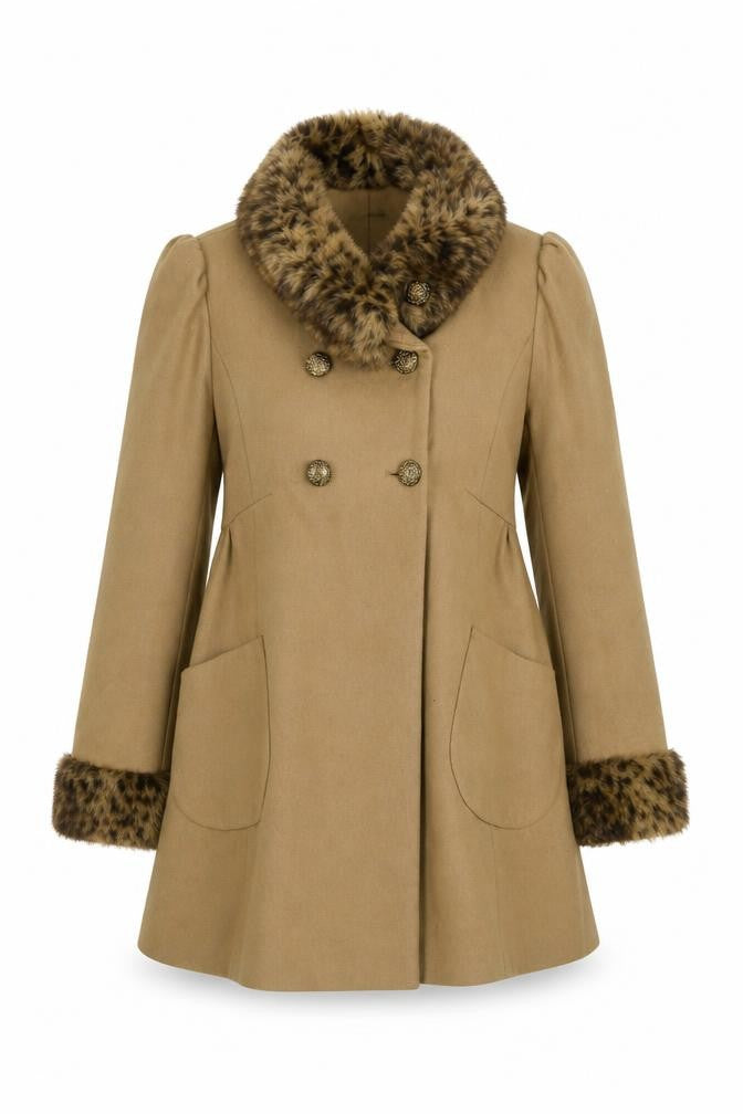 Miss Selfridge Women's Beige Fur Trim Overcoat Size 14