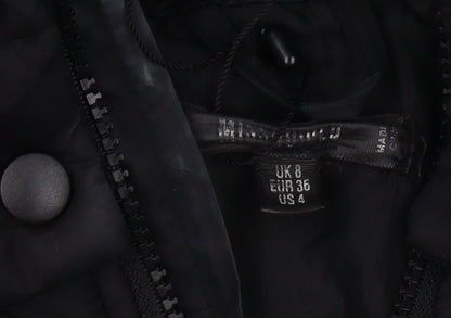Brand and care label for Missguided Women's Black Hooded Puffer Jacket, size 8