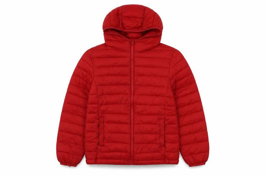 Front view of Mango boys’ red hooded puffer jacket 13-14 years