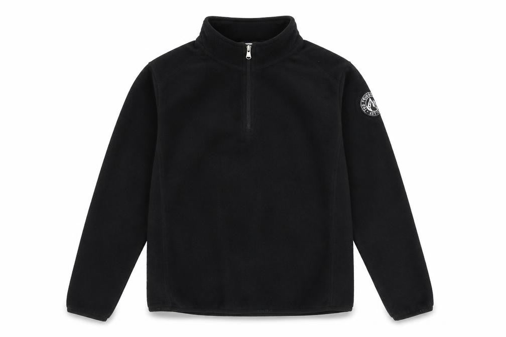 Front view of TOG24 boys’ black fleece 1/4 zip hoodie, size 13, years