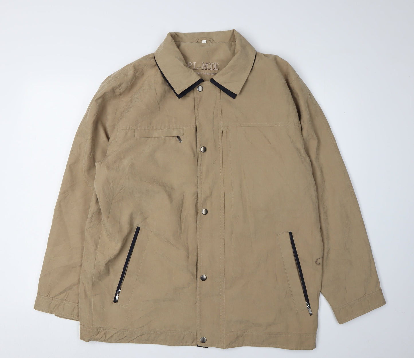 PL-MODE Men's Beige Satin Jacket, L, Collared & Zipped Pockets