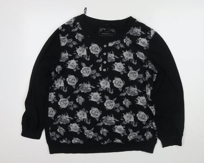 M&Co Women's Black Floral Henley Jumper Size 14