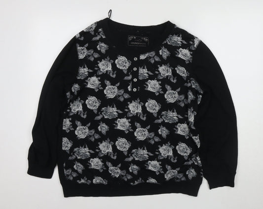 M&Co Women's Black Floral Henley Jumper Size 14