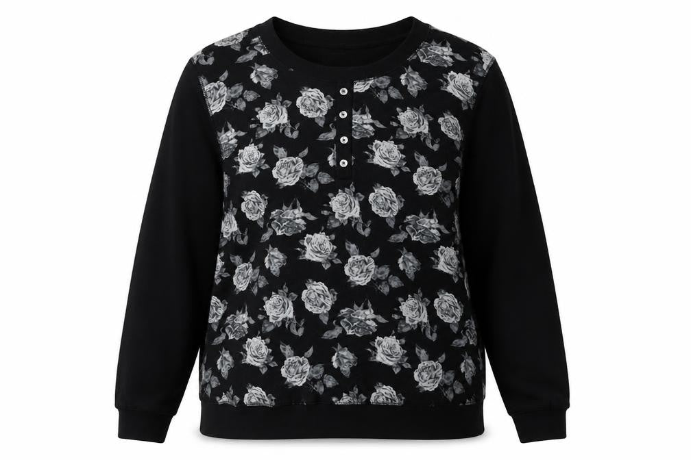 M&Co Women's Black Floral Henley Jumper Size 14