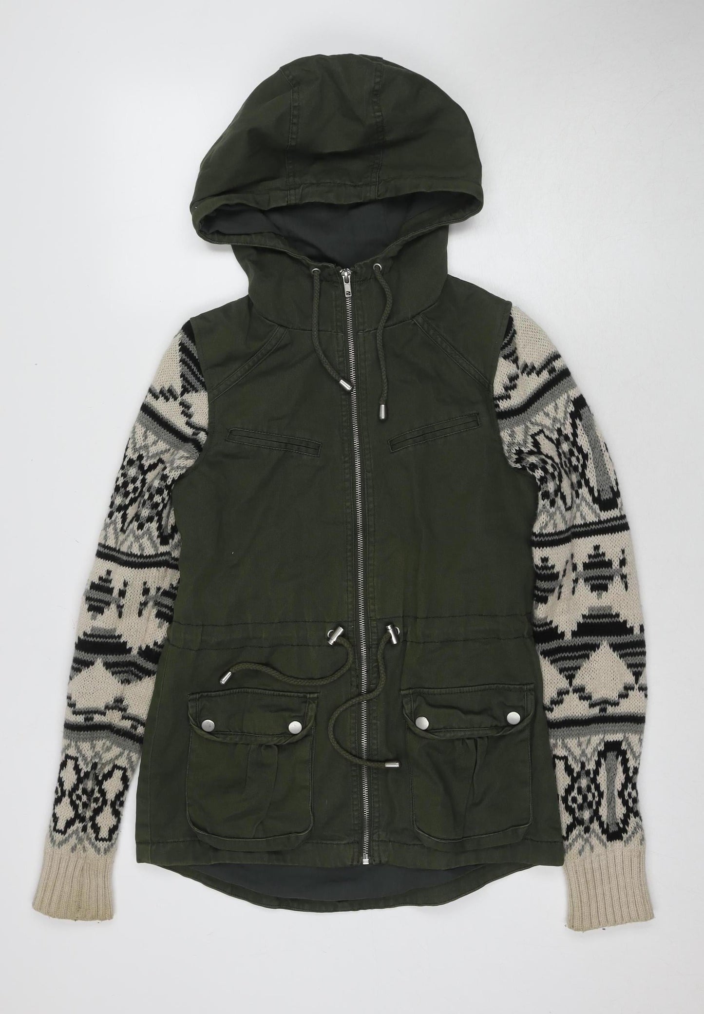 Miss Selfridge Women's Green Fair Isle Hooded Jacket Size 8