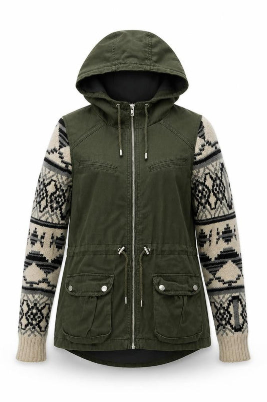Front view of Miss Selfridge Women's Green Fair Isle Hooded Jacket, size 8