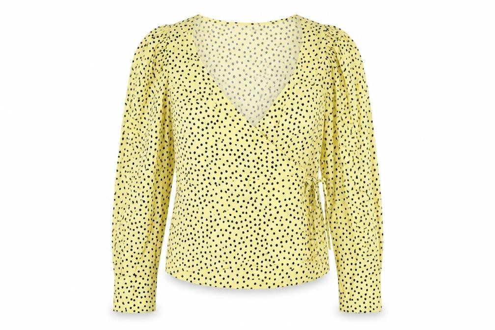 MNG Women's Yellow Polka Dot Wrap Blouse, Size S