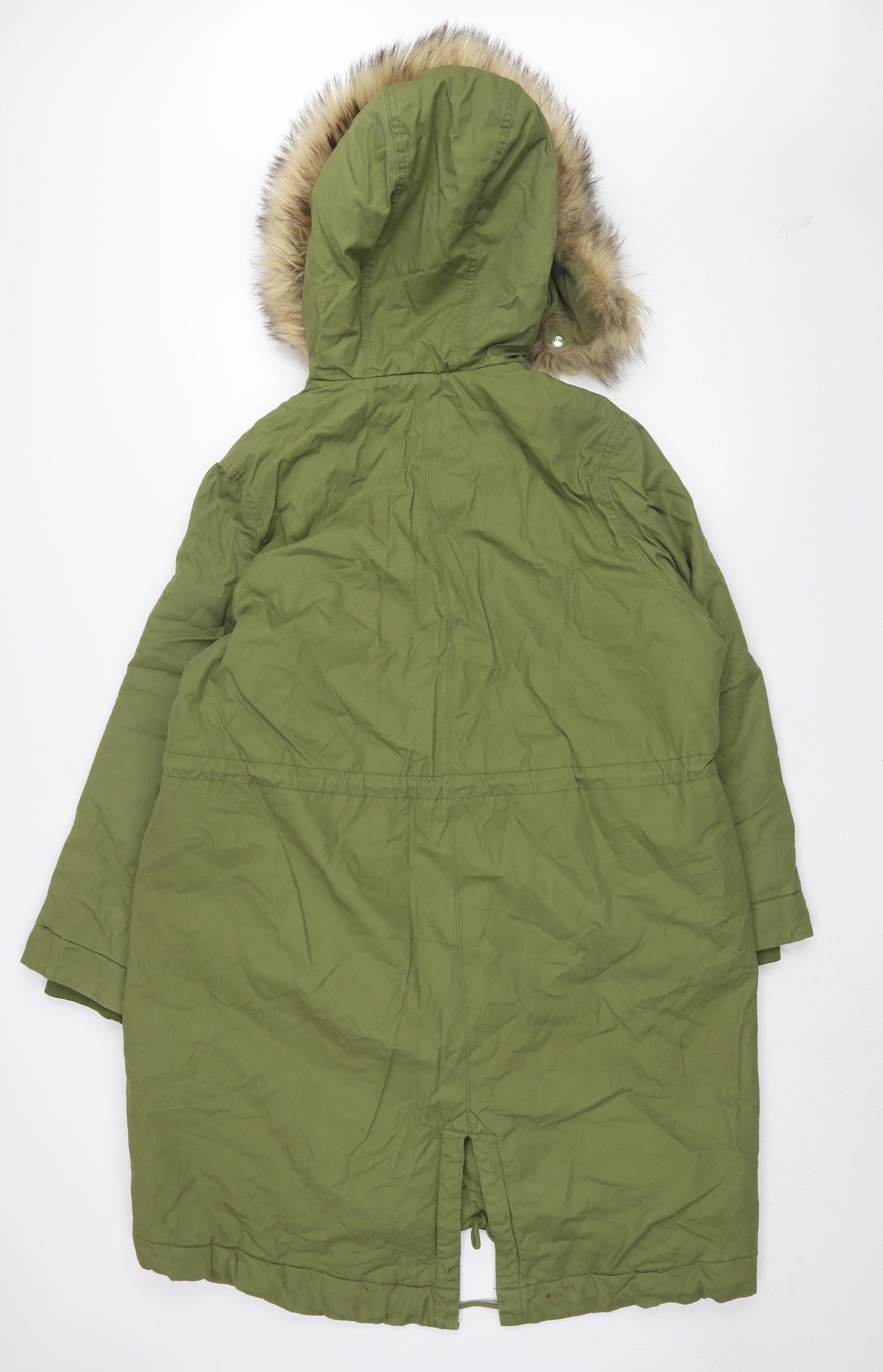 H&M Women's Green Parka Coat Size S Hooded Fur Trim
