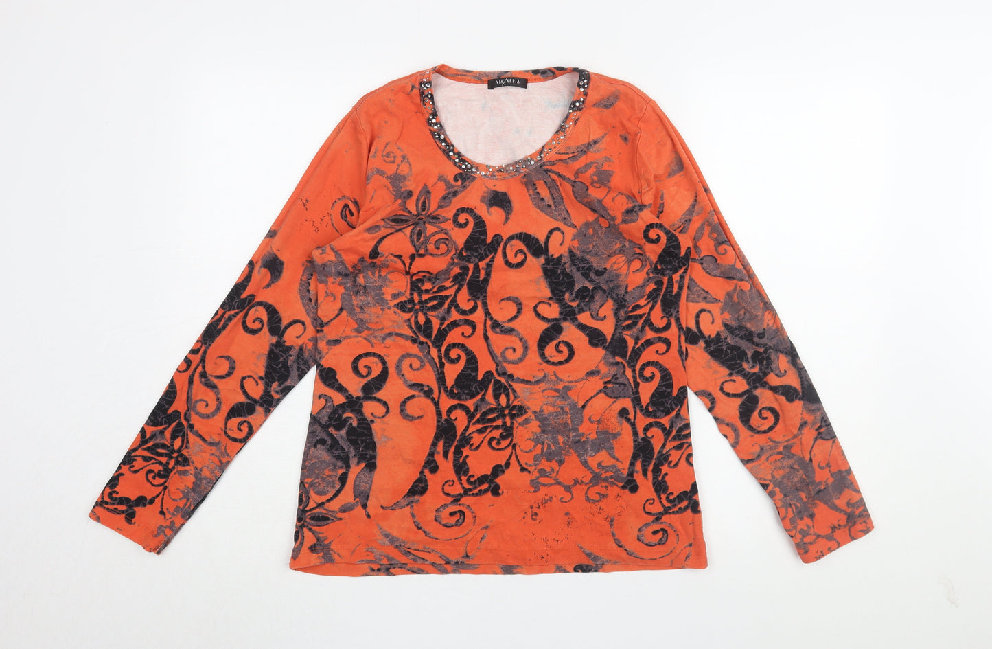 Via Appia Women's Orange Floral Beaded Cotton T-Shirt, Size 14