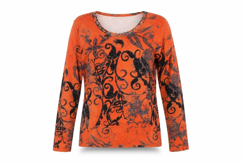 Via Appia Women's Orange Floral Beaded Cotton T-Shirt, Size 14