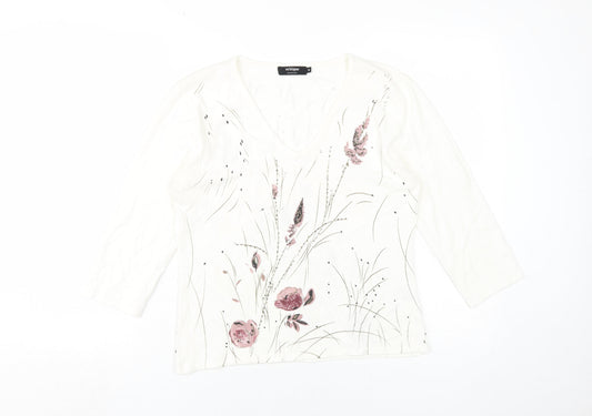 Whisper Women's White Floral Blouse M V-Neck