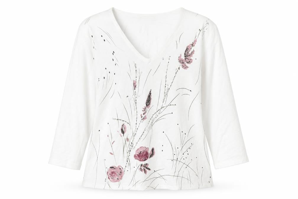 Whisper Women's White Floral Blouse M V-Neck