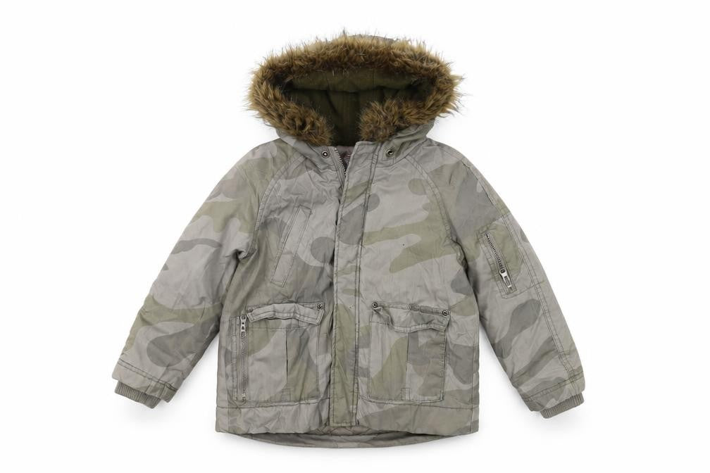 Front view of Urban Outlaws boys’ grey camouflage parka coat 5-6 years